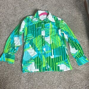 Vintage 1970's Grant's Men's Green/Blue Patterned Dress Shirt